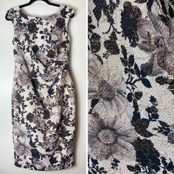 ADRIANNA PAPELL DRESS 4 BROCADE FLORAL SEQUIN BEADED SHEATH MATELASSE COCKTAIL - Picture 1 of 16